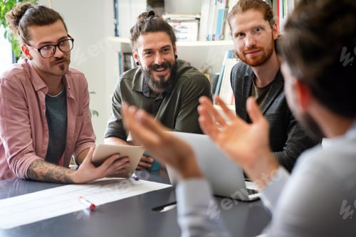 Preview: Team of multiethnic diverse young software developers talk, discuss an AI project. Business startup
