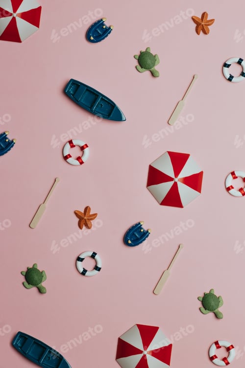 Preview: Background of different summer and beach elements, pastel pink background, minimal, playful