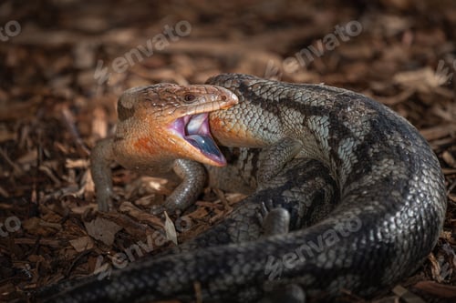 Preview: Closeup shot of a Blue-tongued Lizard in Tasmania, Australia