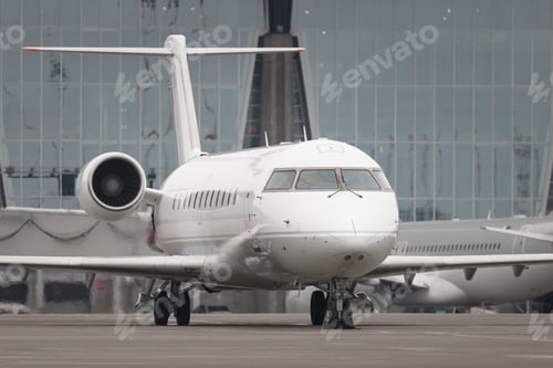 Preview: Modern regional airliner on apron of airport. Aircraft for medium-range routes.