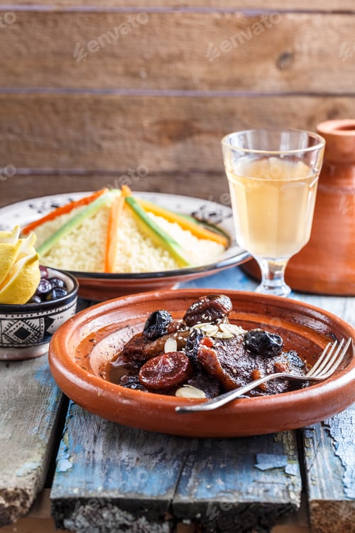 Preview: Traditional morocan beef and dry fruits tajine. Copy space