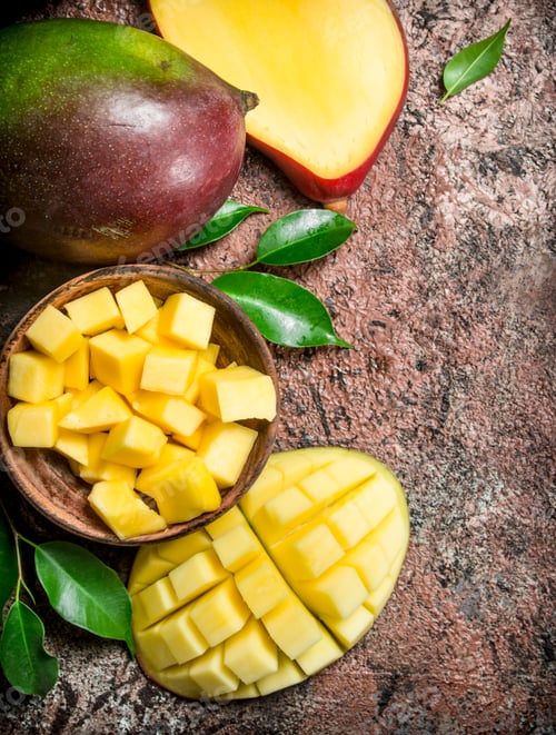 Preview: Mango pieces in a bowl with foliage.