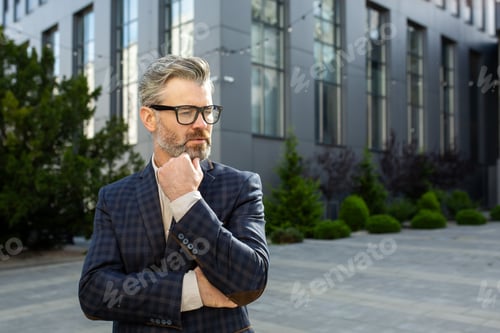 Preview: Confident senior businessman contemplating outside modern office building in suit