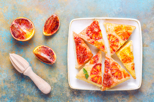 Preview: Delicious french dessert tart tatin with blood orange.