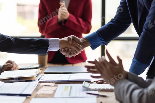 Preview: Collaboration of people in organizations, colleagues congratulate successful projects.