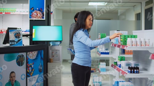 Preview: Young pharmacist offering to help female client