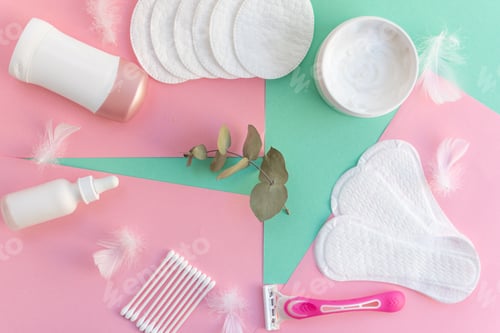 Preview: Woman's personal hygene and care items flat lay