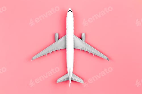 Preview: Airplane on a pink background, flat lay, travel concept.