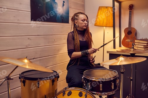 Preview: Woman Plays Drums in Music Room