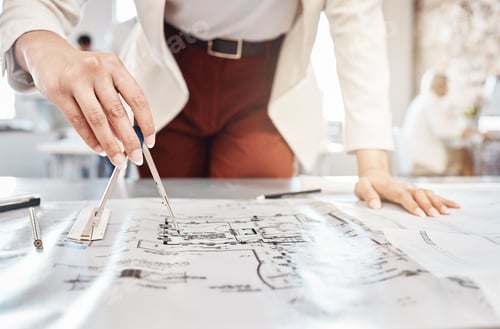 Preview: Building blueprint, drawing compass planning and woman architect or engineer planning a project. Ar