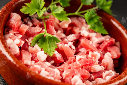 Preview: Bacon cubes smoked chopped meat small pieces fresh delicious gourmet food background