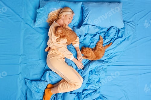 Preview: Pleased middle aged woman plays with puppies at bed dressed in sleepwear awakes in good mood feels c