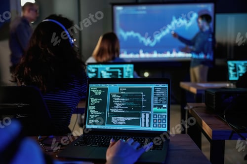 Preview: Male business trainer is against projector with data, teaching people