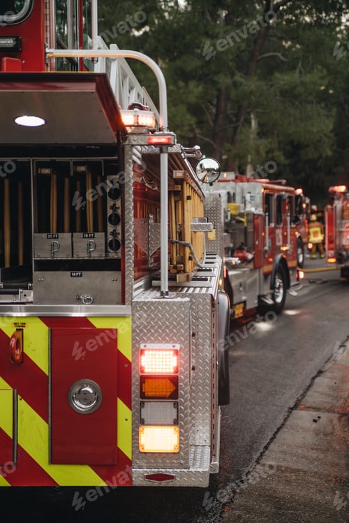 Preview: Fire trucks line the road in a neighborhood where a home caught on fire.