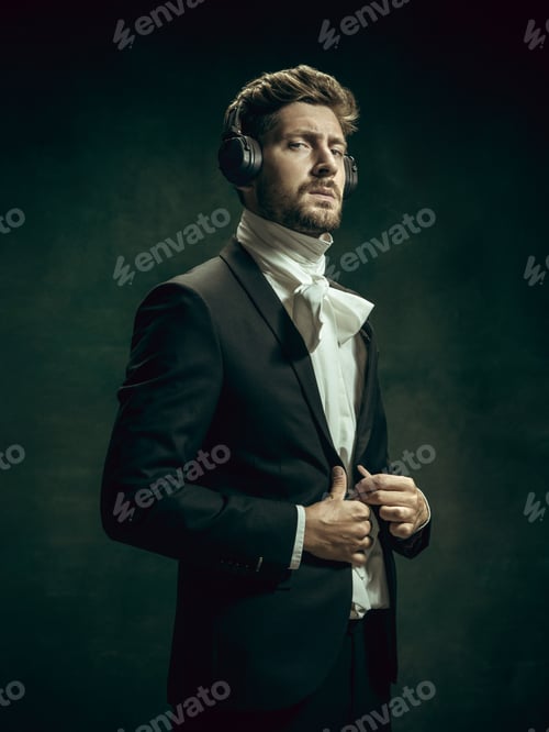 Preview: Young man as Dorian Gray on dark background. Retro style, comparison of eras concept