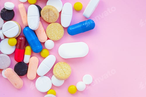 Preview: Pills, Different Types Of Medicine For The Disease. Background Top View. Copy Space For Text