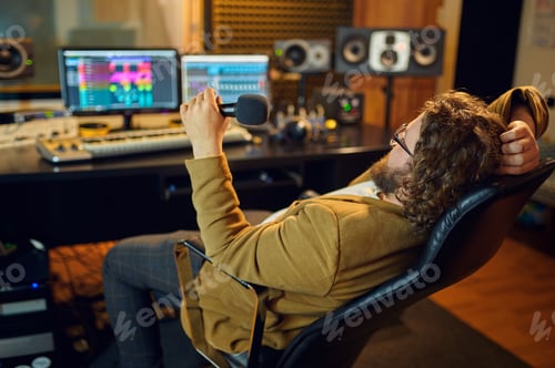 Preview: Male sound engineer at mixing consol, back view