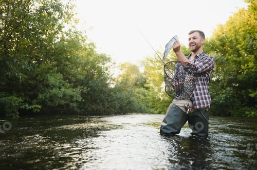 Preview: Fly-fisherman holding trout out of the water