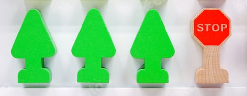 Preview: Small Toy Parts Made Of Wooden Blocks With Drawings. In The Form Of Trees And Road Signs.