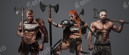 Preview: Female barbarian with two comrades from ancient north