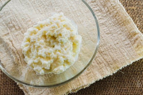 Preview: Kefir granules in a transparent bowl, on a rustic sackcloth, copy space.