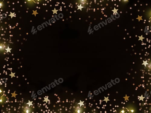 Preview: Gold stars and lights on black background. Christmas romantic lights frame on black background.