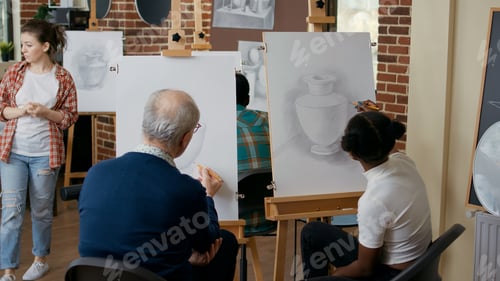 Preview: Multi ethnic team of people learning drawing technique together