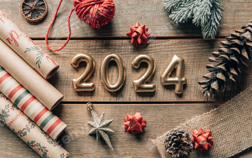 Preview: Top view of golden New year 2024 numbers on wooden background with christmas decorations