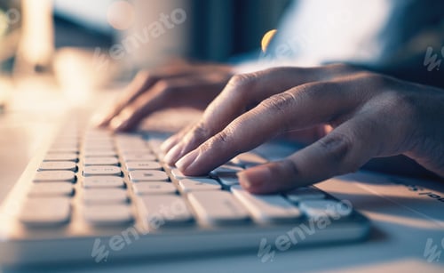 Preview: Typing, computer and night with hands of person in office for email, overtime and project proposal.