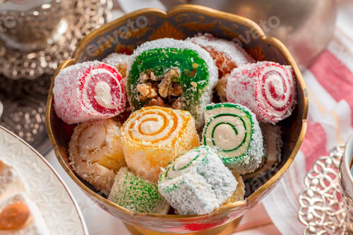 Preview: Turkish delight on a wooden table. creative photo