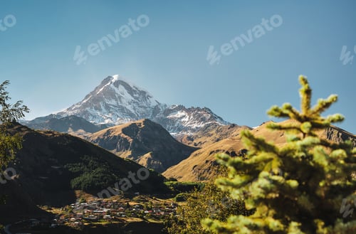 Preview: View of Mount Kazbek and the village of Stepantsminda, Georgia