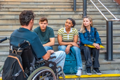 Preview: Diverse university students talking on campus steps