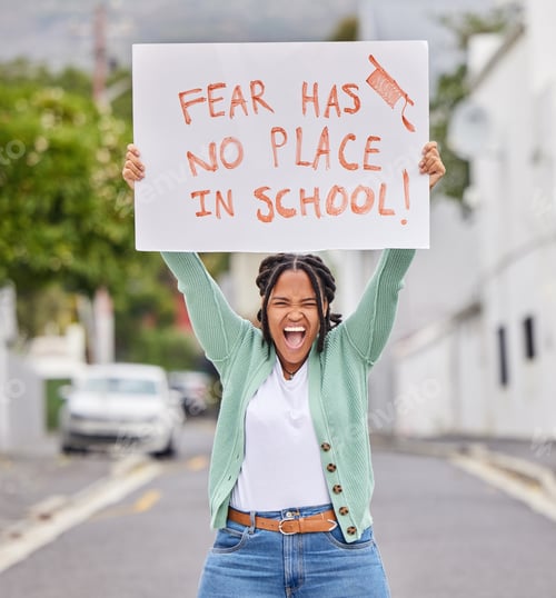 Preview: Protest portrait, poster and student shout for human rights support, USA gun control safety or stop