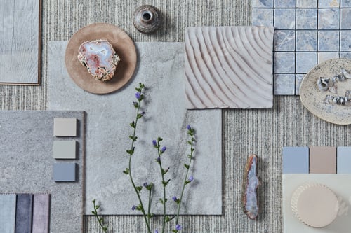 Preview: Flat lay of creative design of beige architect moodboard composition