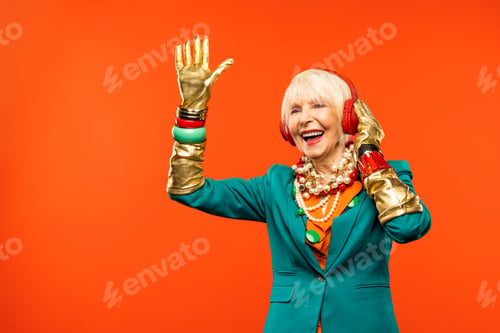 Preview: Cool and stylish senior old woman with fashionable clothes