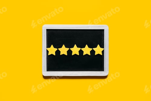 Preview: Customer Experience, Review Concept. Five yellow stars excellent rating in frame on yellow