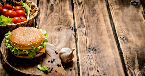 Preview: Fresh hamburger with vegetables, meat and spices.