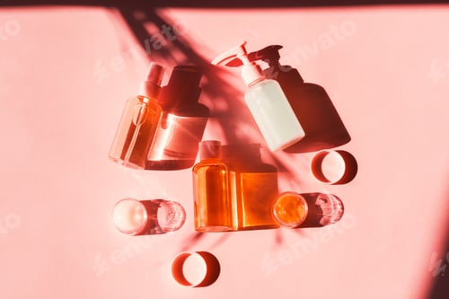 Preview: Various cosmetic products on pink coral. Flat lay