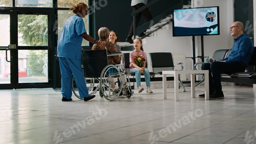 Preview: Mother and child visiting old woman in wheelchair at medical facility