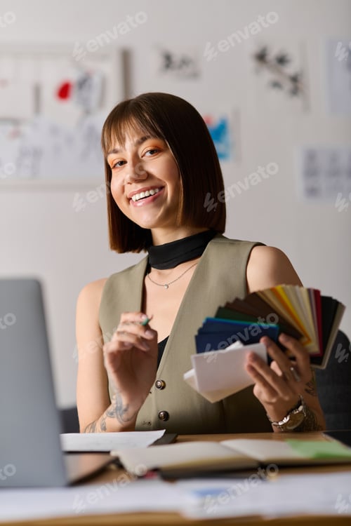 Preview: Creative woman enjoying her artistic space while selecting colors at home during the day
