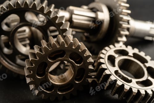 Preview: Gear and cogs wheels, clock mechanism, brass metal engine industrial.