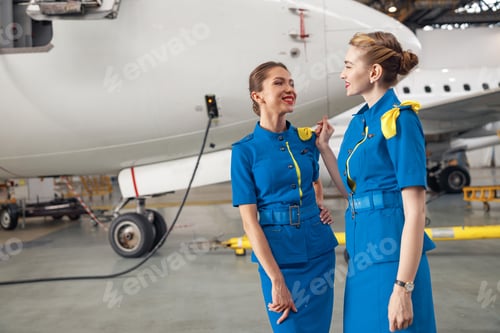 Preview: Two beautiful air stewardesses in stylish bright blue uniform smiling at each other