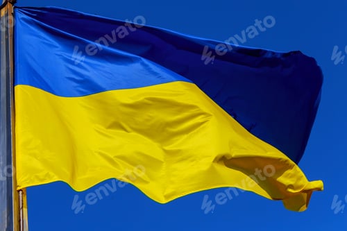 Preview: Ukrainian national flag in the wind against the of the sky