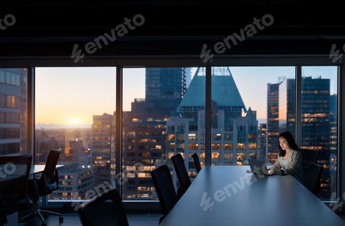 Preview: Young Asian business woman working on laptop computer at night in office.