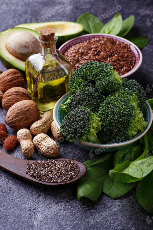 Preview: Concept of healthy food. Vegan fat sources