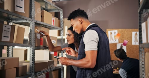 Preview: People, check and box with tablet in warehouse for inventory, online order and stock. Staff, packag