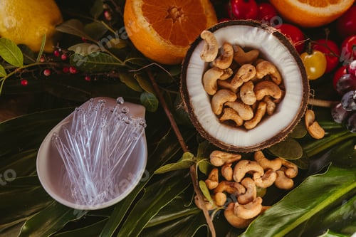 Preview: A close-up of a coconut half filled with cashew nuts, surrounded by various fruits and leaves
