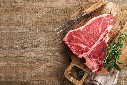 Preview: Thick Raw T-Bone Steak. Dry-aged Raw T-bone or porterhouse beef meat Steak on cutting boar with herb