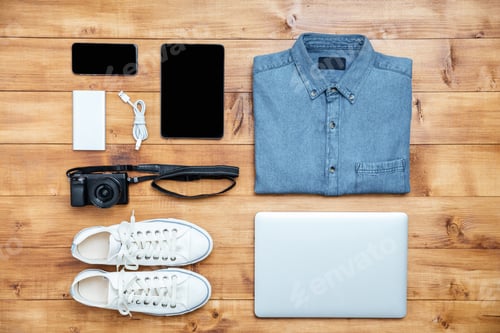 Preview: Travel concept shoes, shirt, mobile phone, laptop,mp3, usb, camera