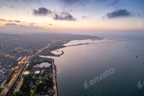 Preview: Aerial city center and port at night. Samsun, Turkey